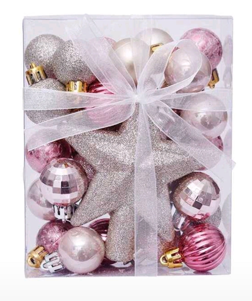 Boules de Noël et étoile rose 30 pièces