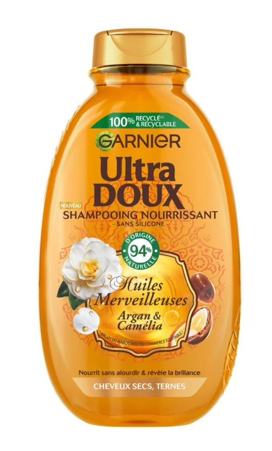 GARNIER ULTRA DOUX Shampooing nourrissants pour cheveux secs et ternes à l'huiles d'argan et de camélia