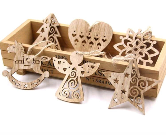 6 pièces Décorations de Noël en bois, Cheval à bascule en forme de flocon de neige, Étoile à cinq branches, Arbre d'amour, Ornements pour sapin de Noël (avec corde)