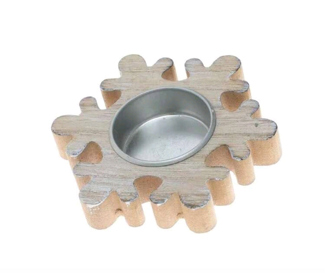 Porte-bougie en bois noël avec flocons de neige, sapin de Noël, étoile.