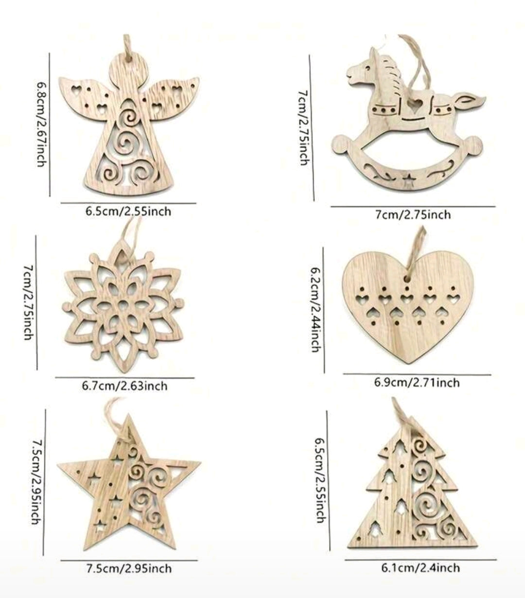 6 pièces Décorations de Noël en bois, Cheval à bascule en forme de flocon de neige, Étoile à cinq branches, Arbre d'amour, Ornements pour sapin de Noël (avec corde)